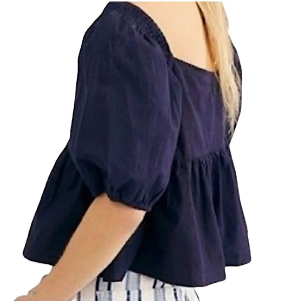 Free People Veronica Navy Blue Puff Sleeve Peplum Crop Top in Night Sky Sz Small